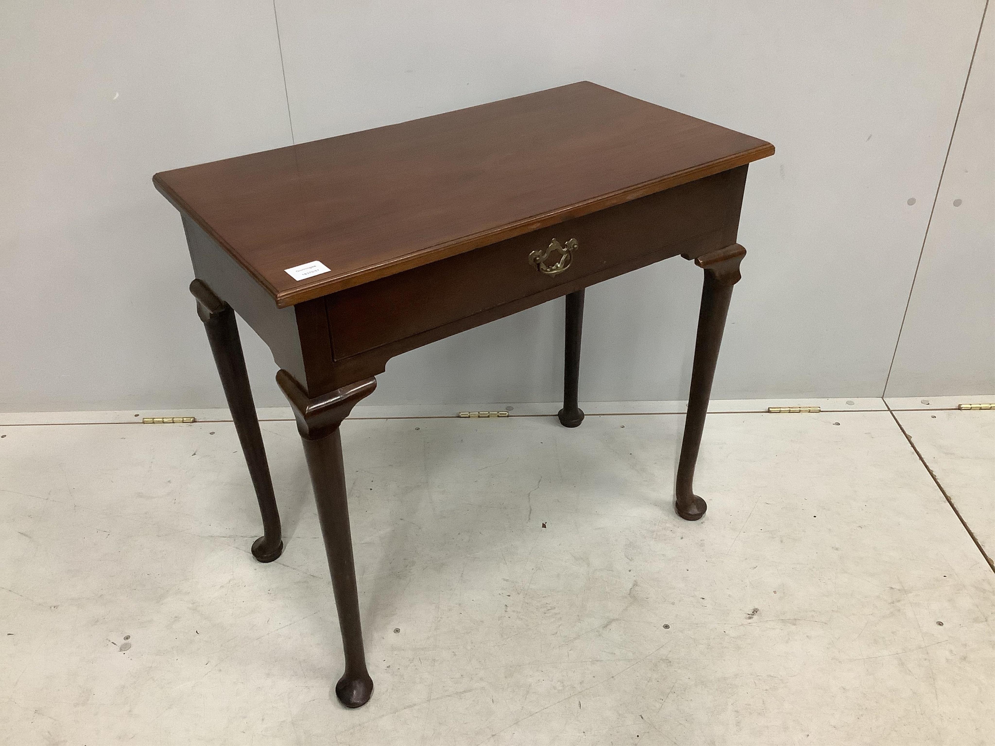 A George III mahogany side table, fitted with one drawer, width 76cm, depth 41cm, height 71cm. Condition - fair